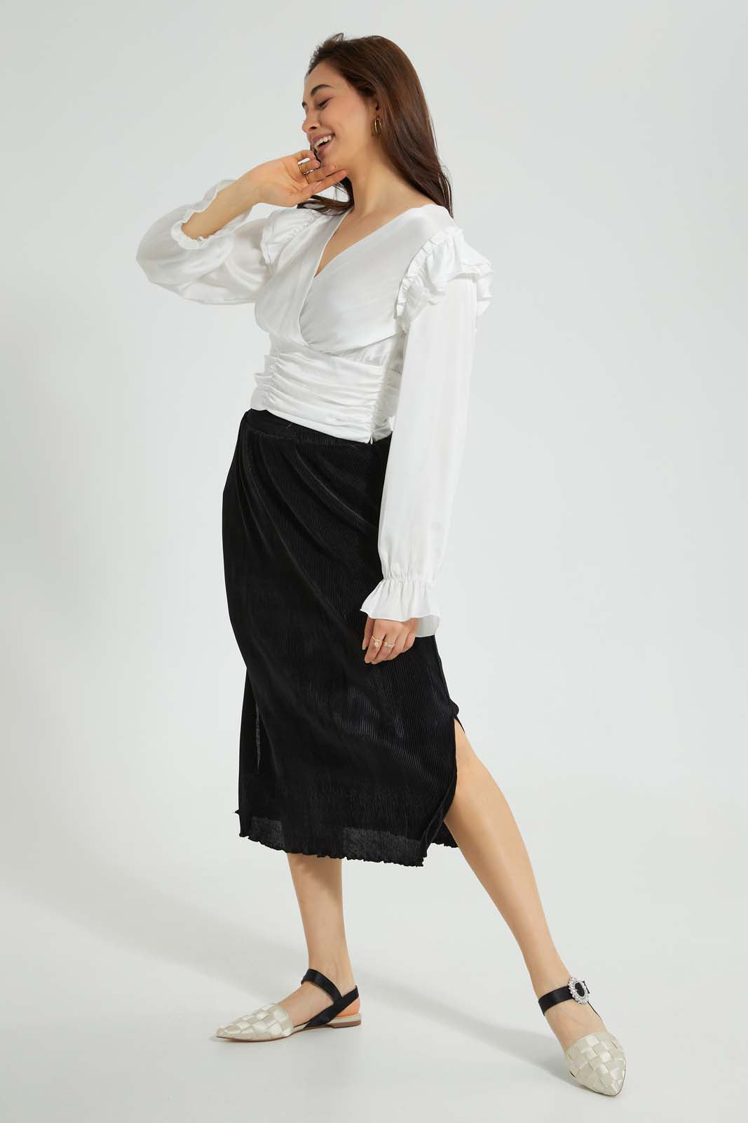 Redtag-Black-Plisse-Midi-Skirt-Skirts-Women's-