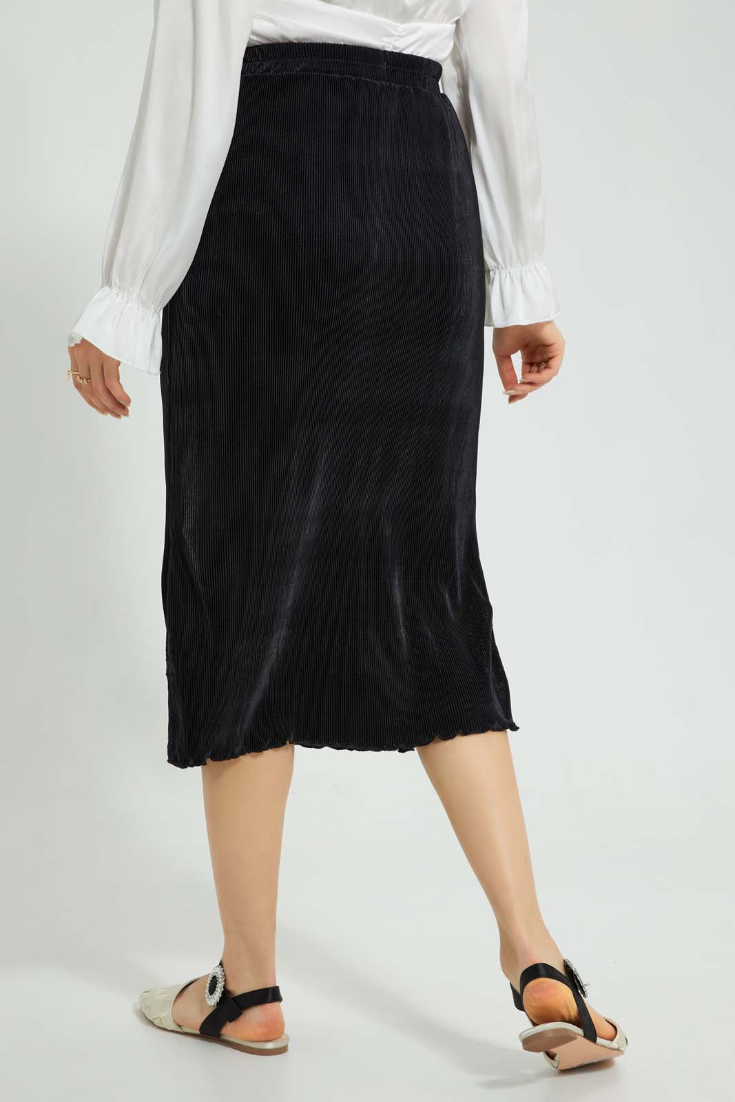 Redtag-Black-Plisse-Midi-Skirt-Skirts-Women's-