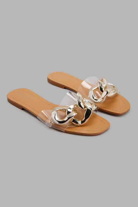 Redtag-Gold-Chain-Mule-On-Vinyl-Upper-Category:Sandals,-Colour:Gold,-Deals:New-In,-Filter:Women's-Footwear,-LEC-Sandals,-New-In-Women-FOO,-Non-Sale,-Section:Women,-W22A-Women's-