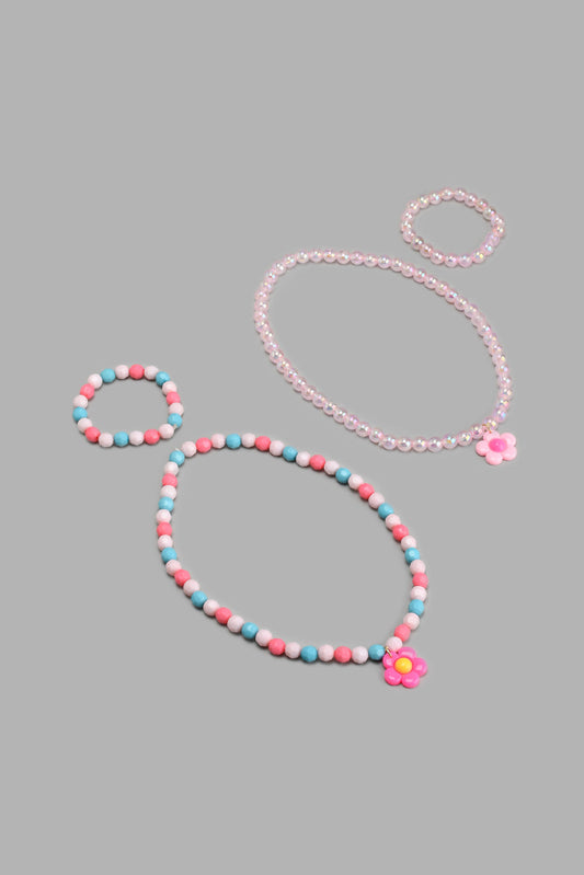 Pink Floral Necklace And Bracelet (Set of 2)
