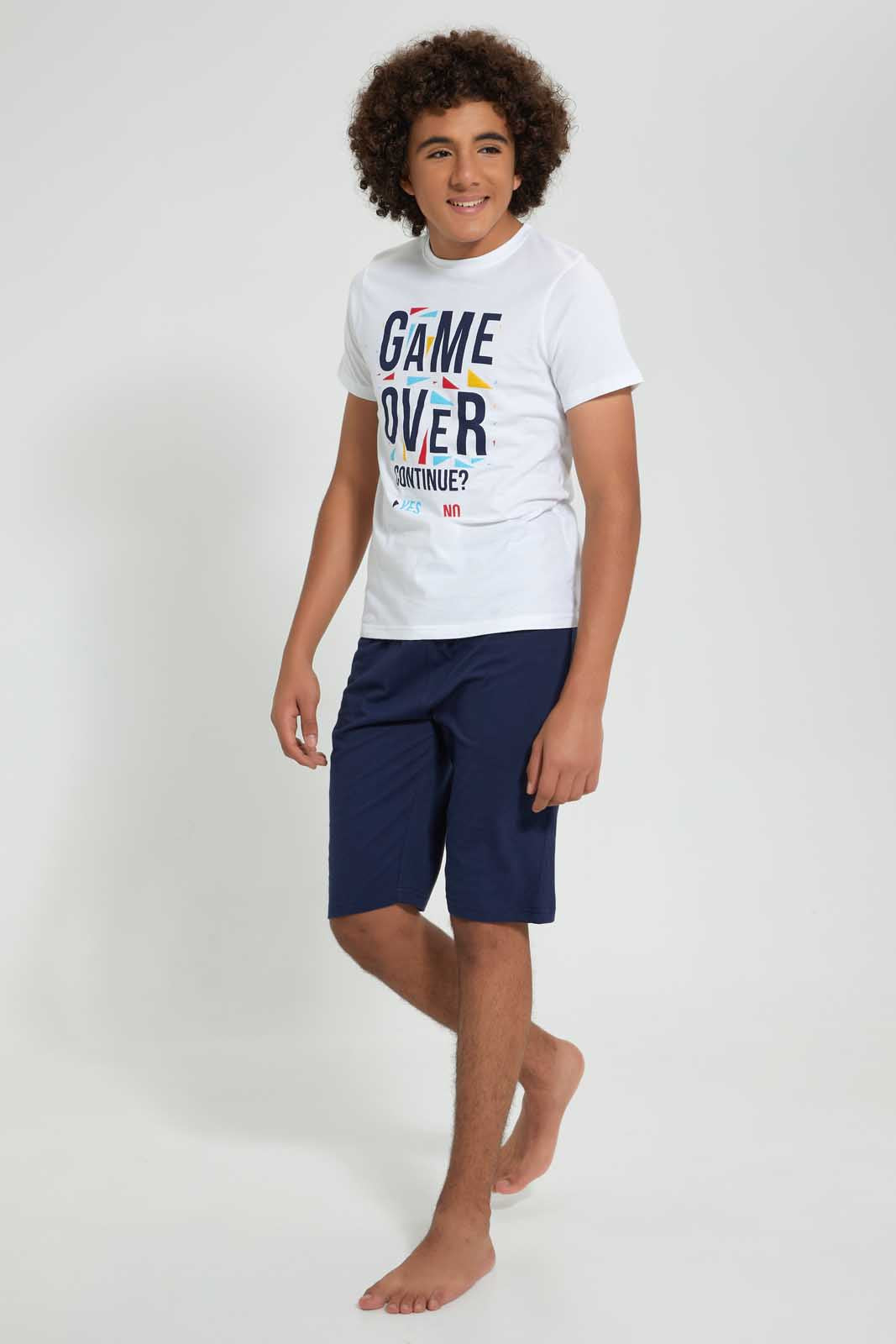 Redtag-White-Game-Over-Night-Suit-Pyjama-Sets-Senior-Boys-9 to 14 Years