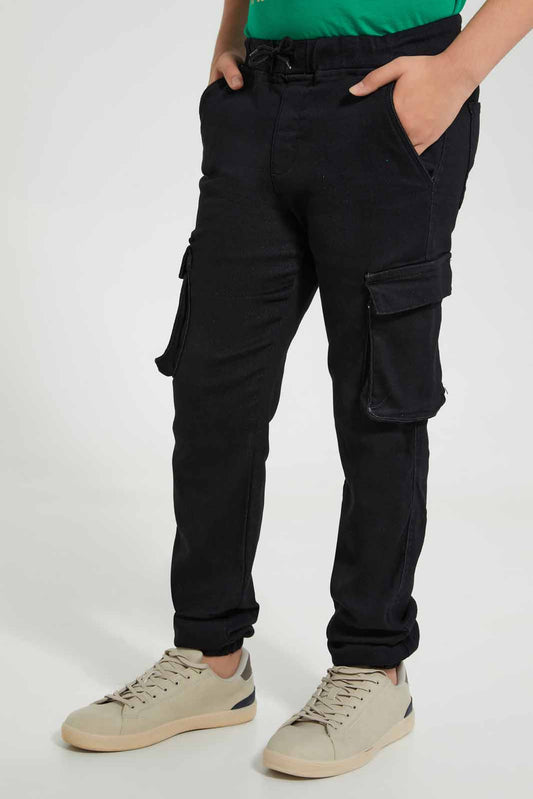 Redtag-Black-Cargo-Knit-Denim-Knit-Denim-Senior-Boys-9 to 14 Years