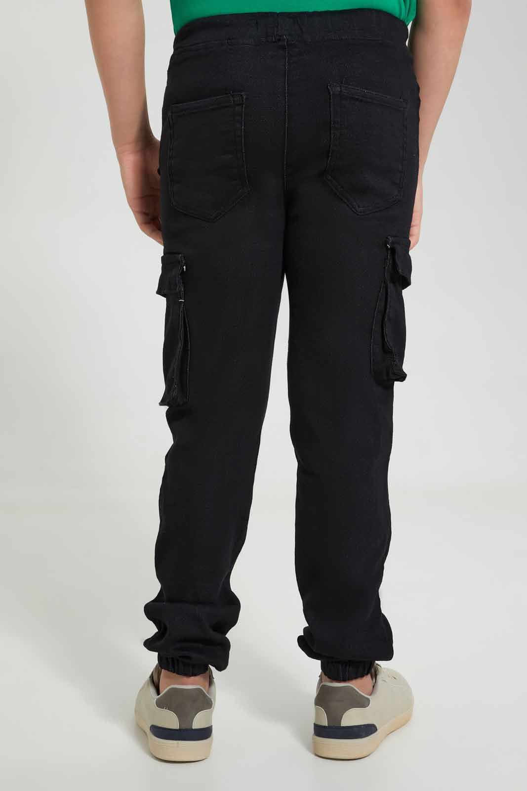 Redtag-Black-Cargo-Knit-Denim-Knit-Denim-Senior-Boys-9 to 14 Years