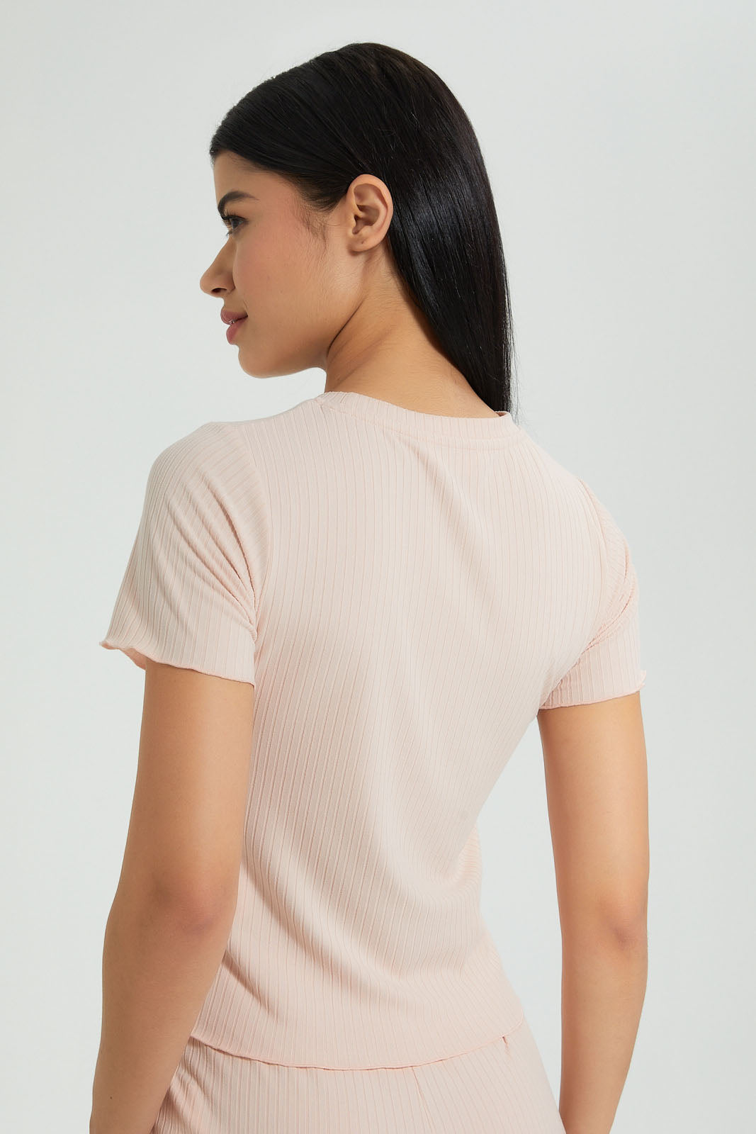 Redtag-Pink-Ribbed-Lettuce-Cuff-Tee-Colour:Pink,-Filter:Women's-Clothing,-New-In,-New-In-Women,-Non-Sale,-S22B,-Section:Women,-Women-T-Shirts-Women's-