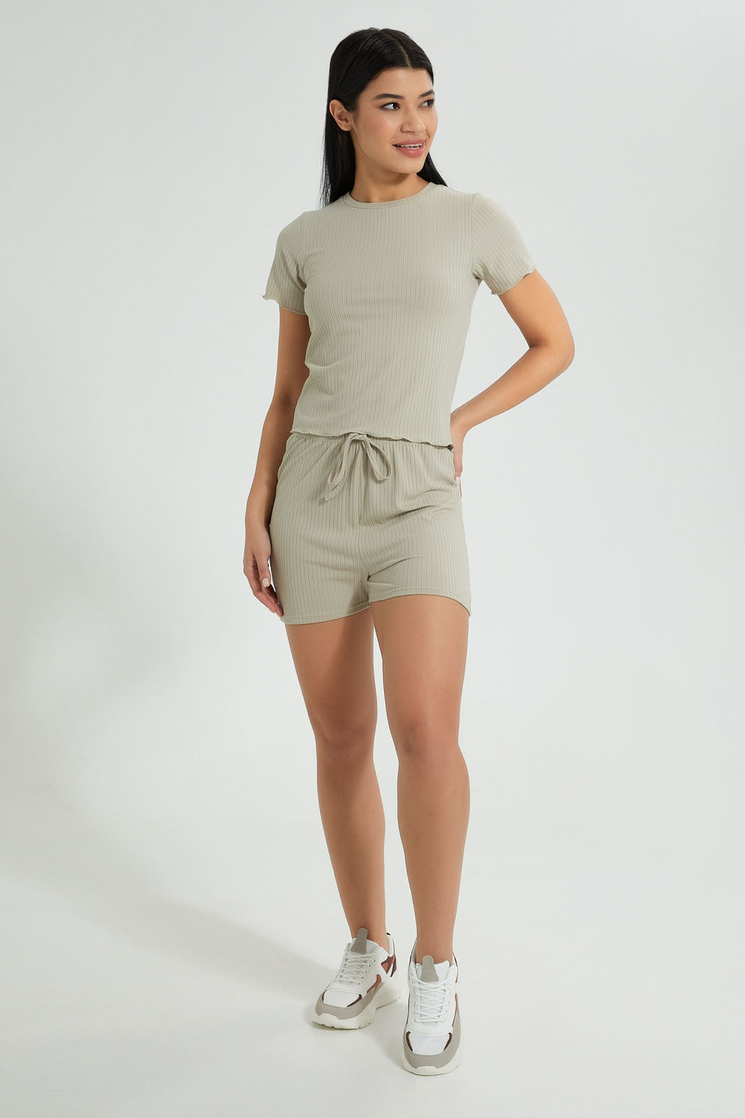 Redtag-Olive-Ribbed-Lettuce-Cuff-Tee-Colour:Dark-Green,-Filter:Women's-Clothing,-New-In,-New-In-Women,-Non-Sale,-S22B,-Section:Women,-Women-T-Shirts-Women's-