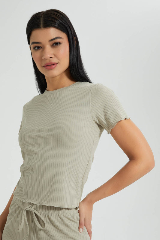 Redtag-Olive-Ribbed-Lettuce-Cuff-Tee-Colour:Dark-Green,-Filter:Women's-Clothing,-New-In,-New-In-Women,-Non-Sale,-S22B,-Section:Women,-Women-T-Shirts-Women's-