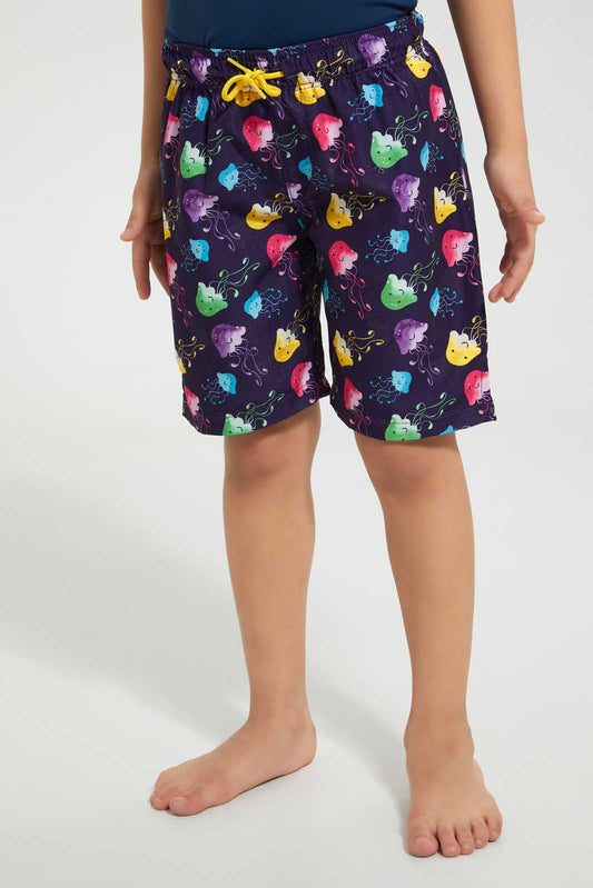Redtag-Navy-Jellyfish-Swimshort-Swim-Shorts-Boys-2 to 8 Years