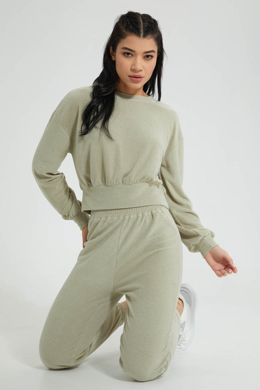 Redtag-Olive-Crewneck-Sweatshirt-With-Gathers-At-Hem-Colour:Dark-Green,-Filter:Women's-Clothing,-New-In,-New-In-Women,-Non-Sale,-S22B,-Section:Women,-Women-Sweatshirts-Women's-