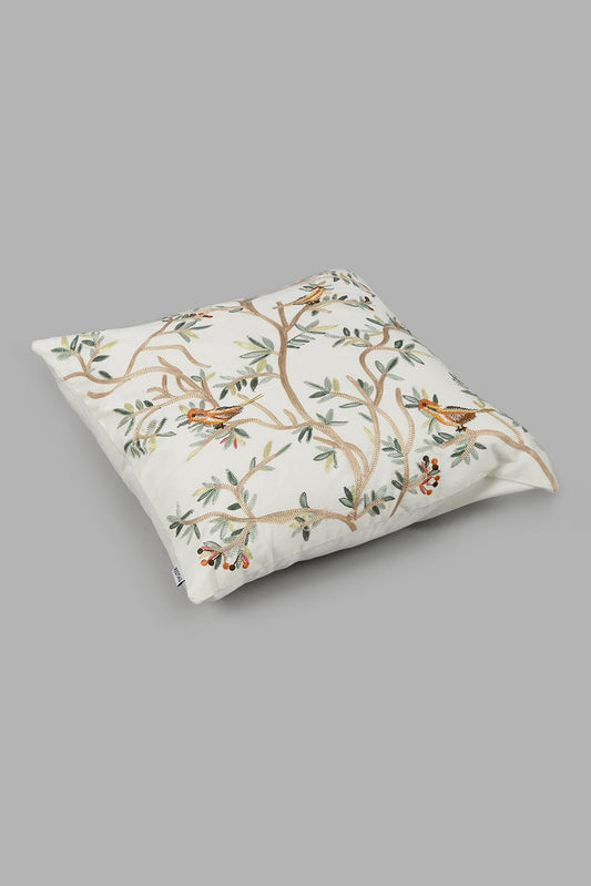 Redtag-Ivory/Green-Leaf-Embroidery-Cushion-0,-Colour:Ivory,-Filter:Home-Bedroom,-HMW-BED-Cushions,-New-In,-New-In-HMW-BED,-Non-Sale,-S22B,-Section:Homewares-Home-Bedroom-