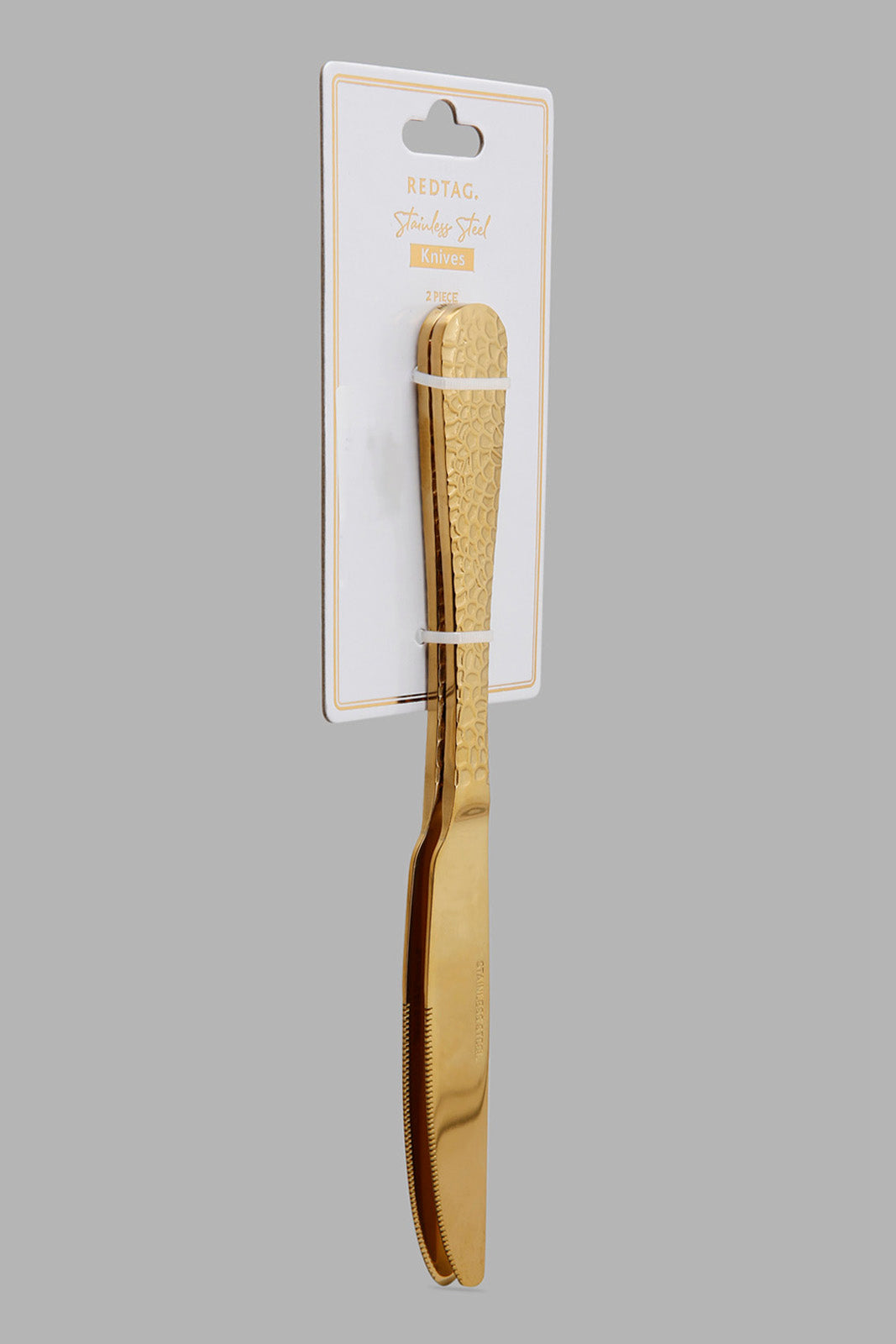 Redtag-Gold-Dinner-Knife-Hammered-Finish-Set-(2-Piece)-Category:Knives,-Colour:Gold,-Filter:Home-Dining,-HMW-DIN-Cutlery,-Non-Sale,-S22C,-Section:Homewares-Home-Dining-