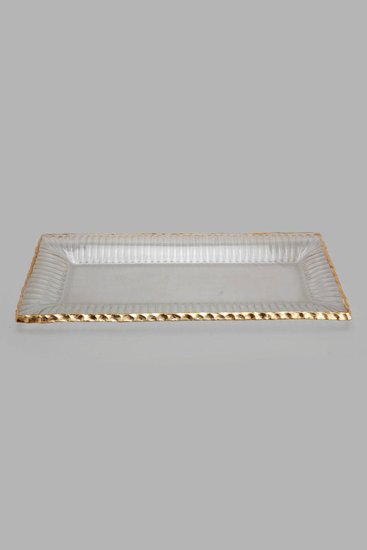 Redtag-Clear-Glass-Rectangle-Platter-With-Gold-Rim-Category:Plates,-Colour:Gold,-Deals:New-In,-Filter:Home-Dining,-HMW-DIN-Serveware,-New-In-HMW-DIN,-Non-Sale,-Section:Homewares,-W22A-Home-Dining-
