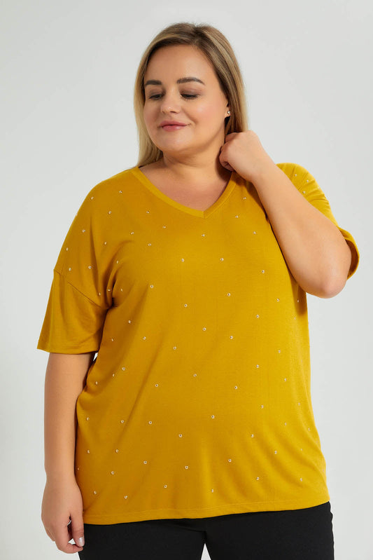 Redtag-Yellow-Allover-Studs-T-Shirt-Colour:Yellow,-Filter:Plus-Size,-LDP-T-Shirts,-New-In,-New-In-LDP,-Non-Sale,-S22B,-Section:Women-Women's-