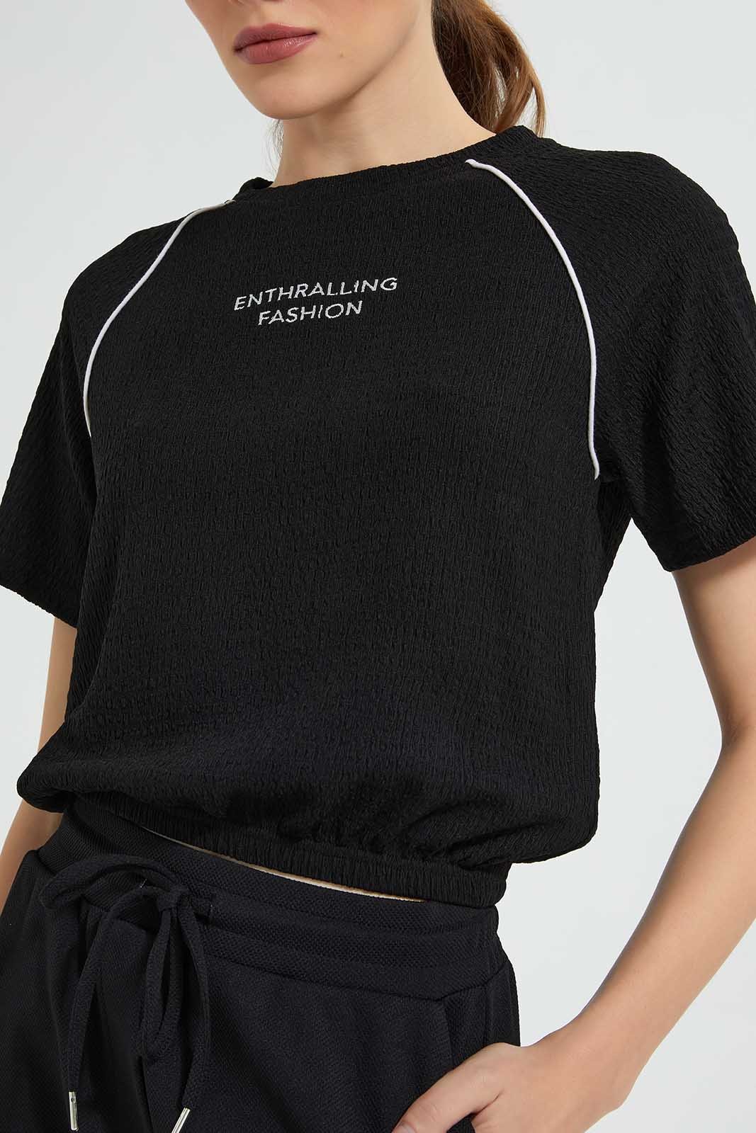 Redtag-Black--T-Shirt-With-Waist-Detail-Graphic-T-Shirts-Women's-