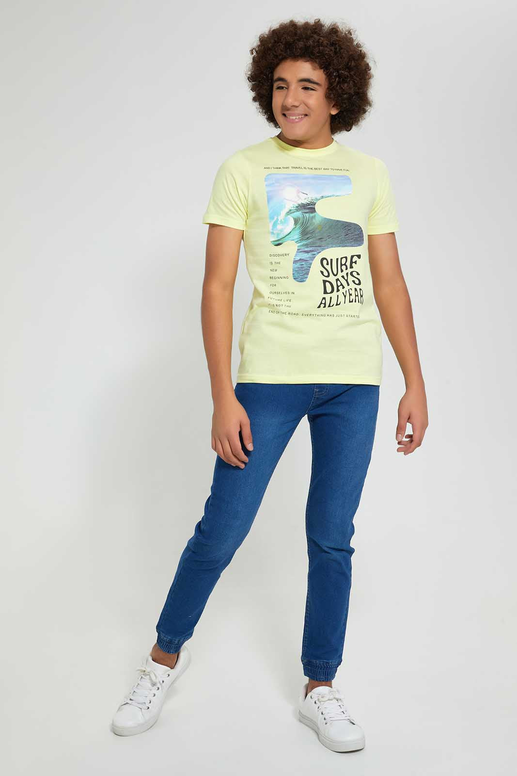 Redtag-Yellow-Emboss-Surf-T-Shirt-All-Over-Prints-Senior-Boys-9 to 14 Years