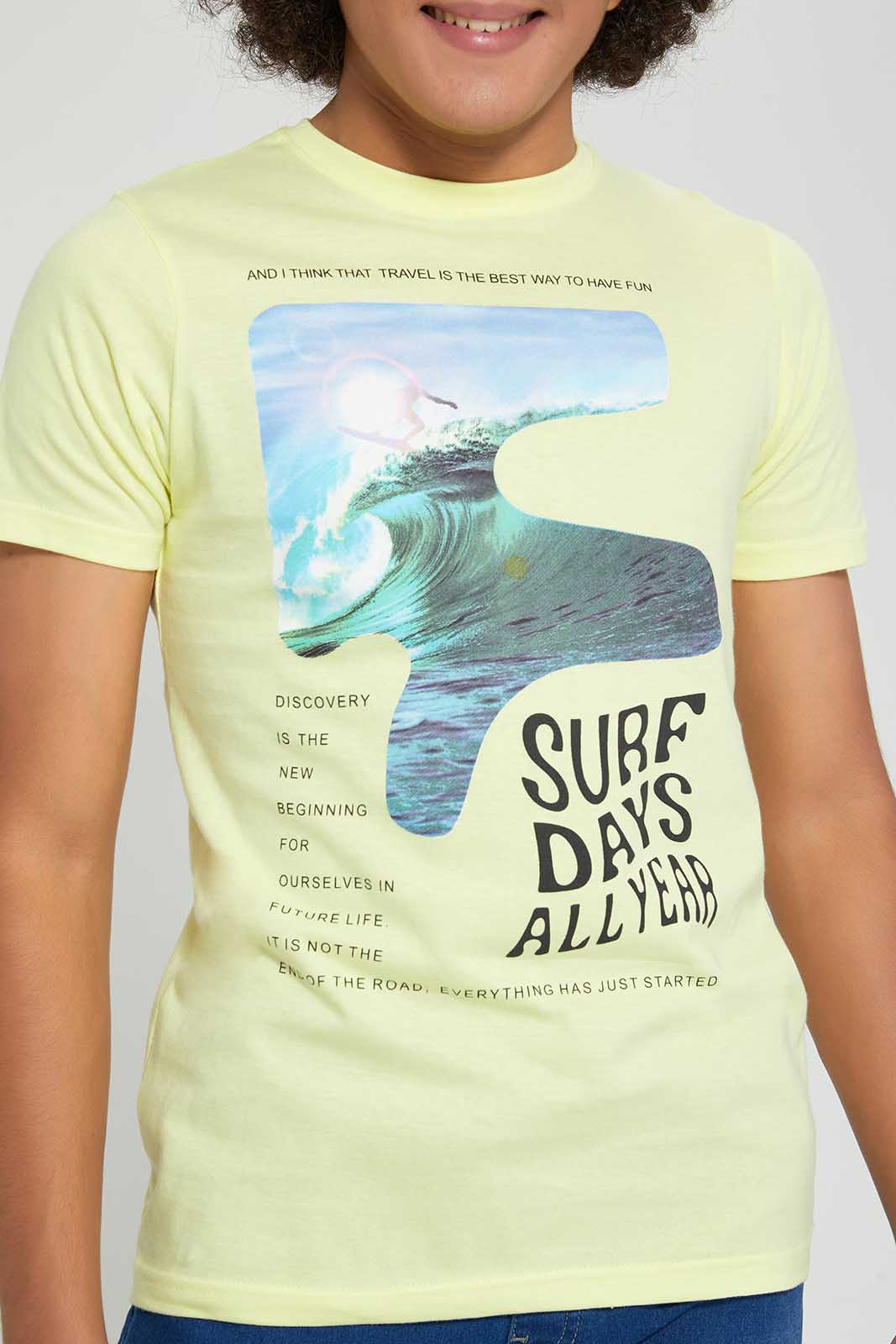 Redtag-Yellow-Emboss-Surf-T-Shirt-All-Over-Prints-Senior-Boys-9 to 14 Years