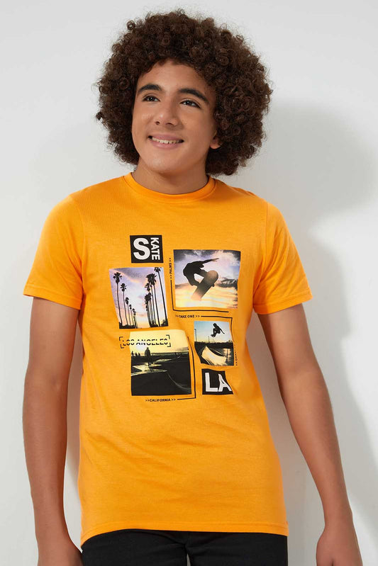 Redtag-Orange-Puff-&-Digital-Print-T-Shirt-All-Over-Prints-Senior-Boys-9 to 14 Years