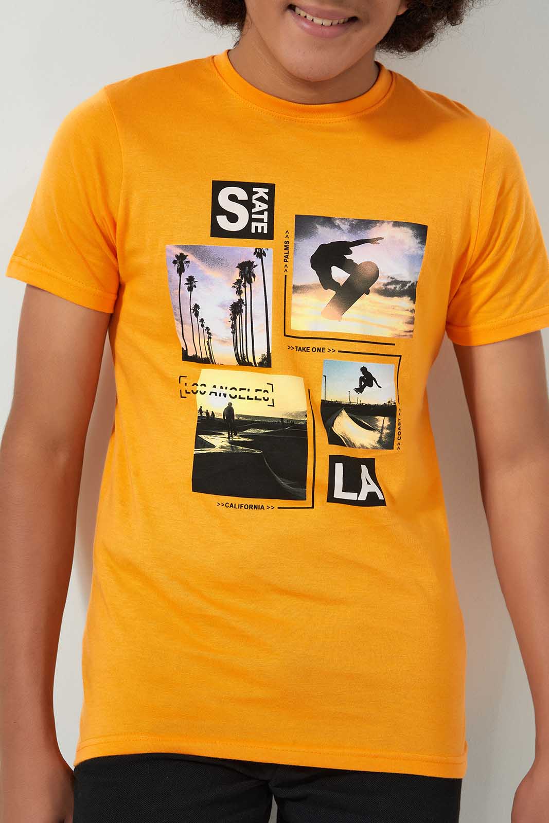 Redtag-Orange-Puff-&-Digital-Print-T-Shirt-All-Over-Prints-Senior-Boys-9 to 14 Years
