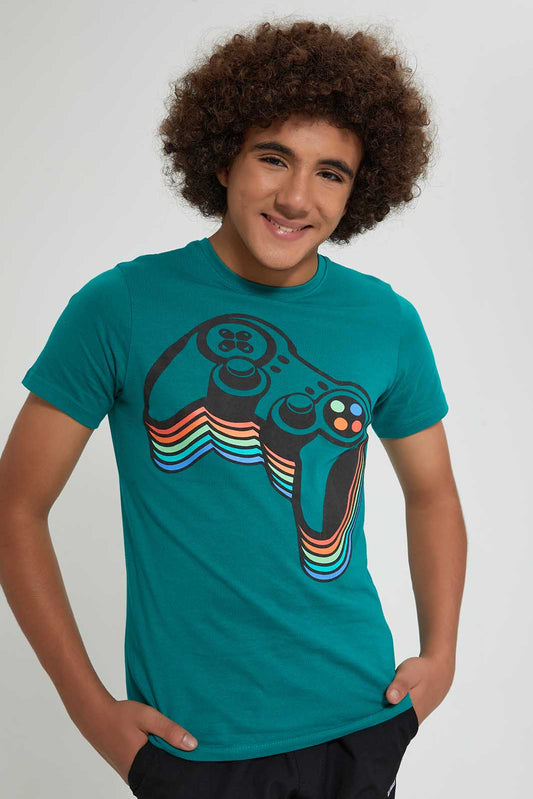 Redtag-Green-Flock-Controller-T-Shirt-All-Over-Prints-Senior-Boys-9 to 14 Years