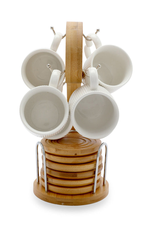 Redtag-White-Stripe-Espresso-Set-With-Bamboo-Coaster-And-Stand-(13-Piece)-Category:Cups-&-Mugs,-Colour:White,-Deals:New-In,-Dept:Home,-Filter:Home-Dining,-HMW-DIN-Crockery,-Nature,-New-In-HMW-DIN,-Non-Sale,-Section:Homewares,-W22A-Home-Dining-