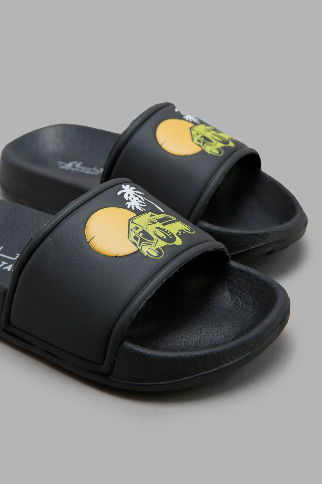 Redtag-Black-Sun-Set-Embossed-Slide-BOY-Flip-Flops,-Category:Flip-Flops,-Colour:Black,-Deals:New-In,-Filter:Boys-Footwear-(3-to-5-Yrs),-New-In-BOY-FOO,-Non-Sale,-Section:Boys-(0-to-14Yrs),-W22O-Boys-3 to 5 Years