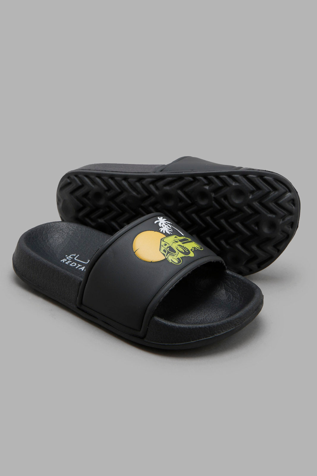 Redtag-Black-Sun-Set-Embossed-Slide-BOY-Flip-Flops,-Category:Flip-Flops,-Colour:Black,-Deals:New-In,-Filter:Boys-Footwear-(3-to-5-Yrs),-New-In-BOY-FOO,-Non-Sale,-Section:Boys-(0-to-14Yrs),-W22O-Boys-3 to 5 Years