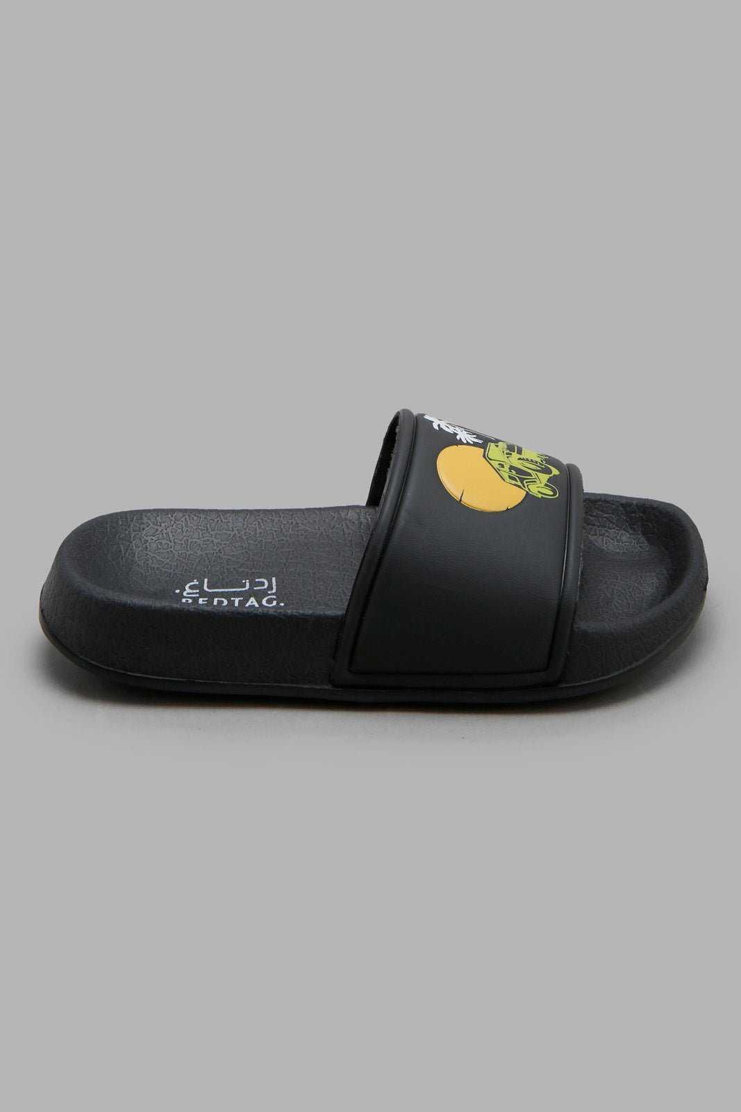 Redtag-Black-Sun-Set-Embossed-Slide-BOY-Flip-Flops,-Category:Flip-Flops,-Colour:Black,-Deals:New-In,-Filter:Boys-Footwear-(3-to-5-Yrs),-New-In-BOY-FOO,-Non-Sale,-Section:Boys-(0-to-14Yrs),-W22O-Boys-3 to 5 Years
