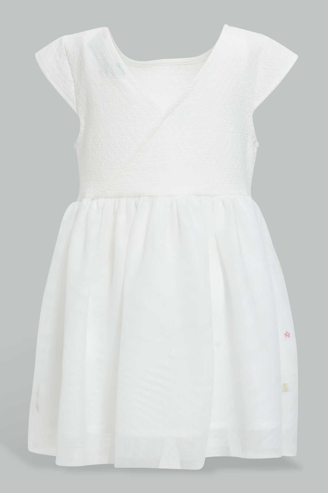 Redtag-White-Floral-Embellished-Mesh-Detailed-Dress-Dresses-Infant-Girls-3 to 24 Months