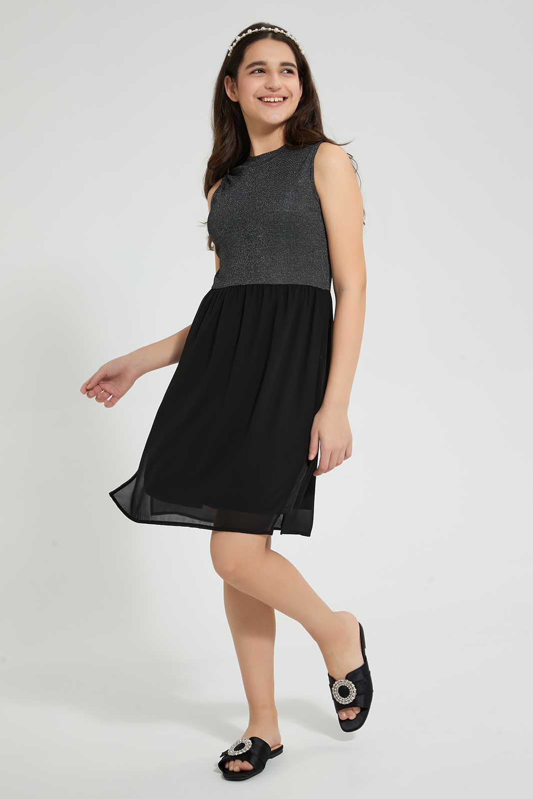 Redtag-Black/Silver-Mettalic-Dress-Dresses-Senior-Girls-9 to 14 Years