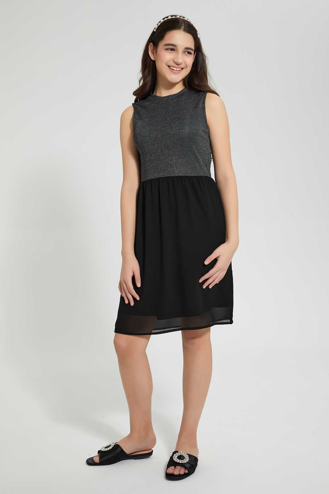 Redtag-Black/Silver-Mettalic-Dress-Dresses-Senior-Girls-9 to 14 Years
