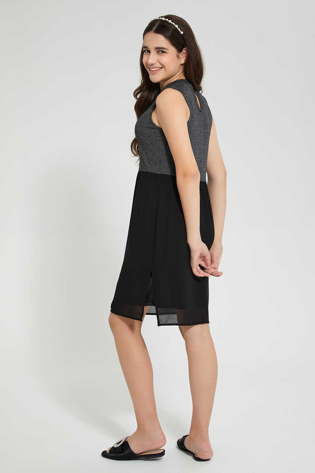 Redtag-Black/Silver-Mettalic-Dress-Dresses-Senior-Girls-9 to 14 Years
