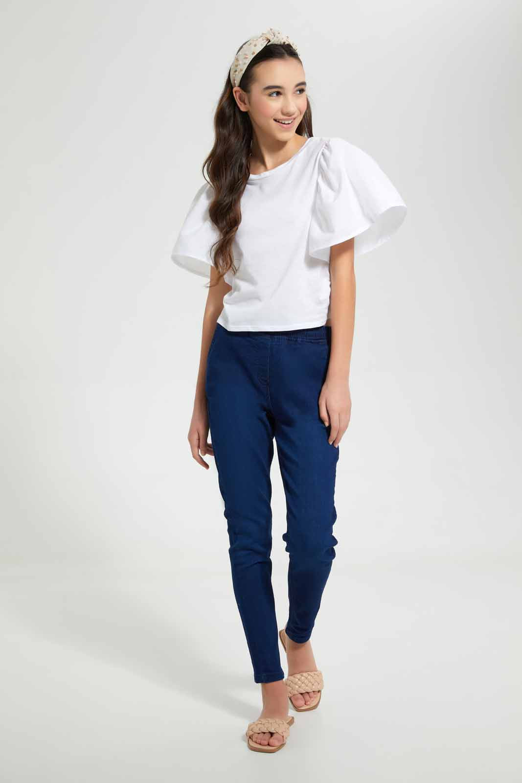 Redtag-White-Mettalic-Ruffled-Sleeve-Top-Plain-T-Shirts-Senior-Girls-9 to 14 Years