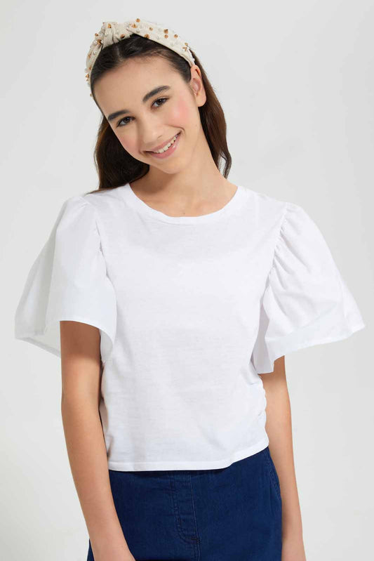 Redtag-White-Mettalic-Ruffled-Sleeve-Top-Plain-T-Shirts-Senior-Girls-9 to 14 Years