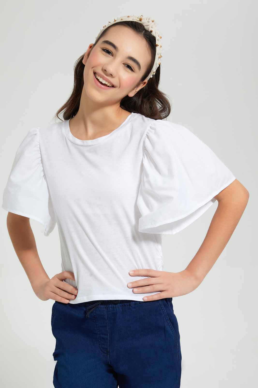Redtag-White-Mettalic-Ruffled-Sleeve-Top-Plain-T-Shirts-Senior-Girls-9 to 14 Years