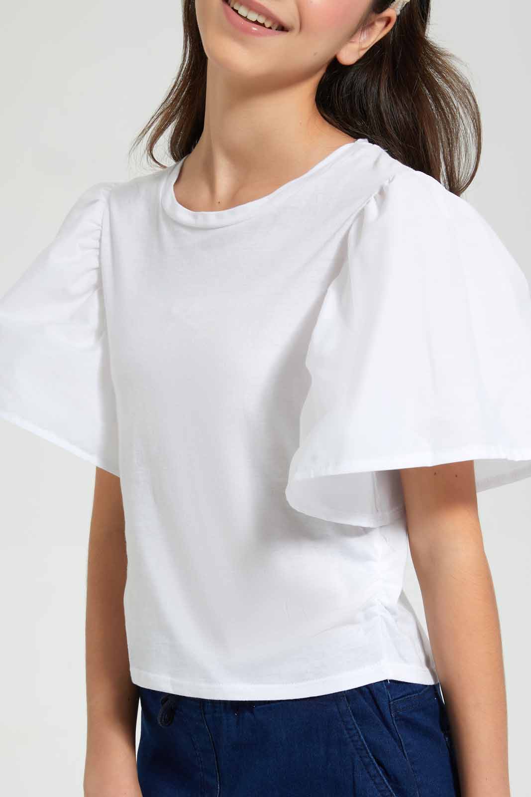 Redtag-White-Mettalic-Ruffled-Sleeve-Top-Plain-T-Shirts-Senior-Girls-9 to 14 Years