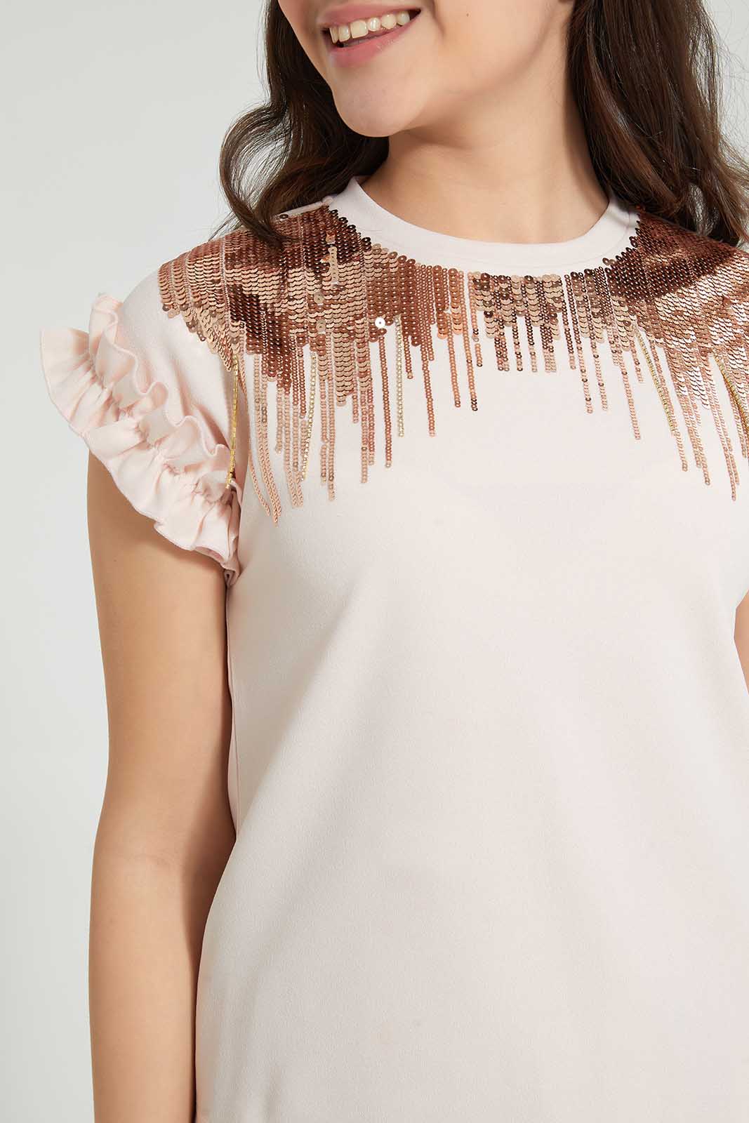 Redtag-Peach-Sequins-Ruffled-Sleeve-Top-Embellished-Senior-Girls-9 to 14 Years