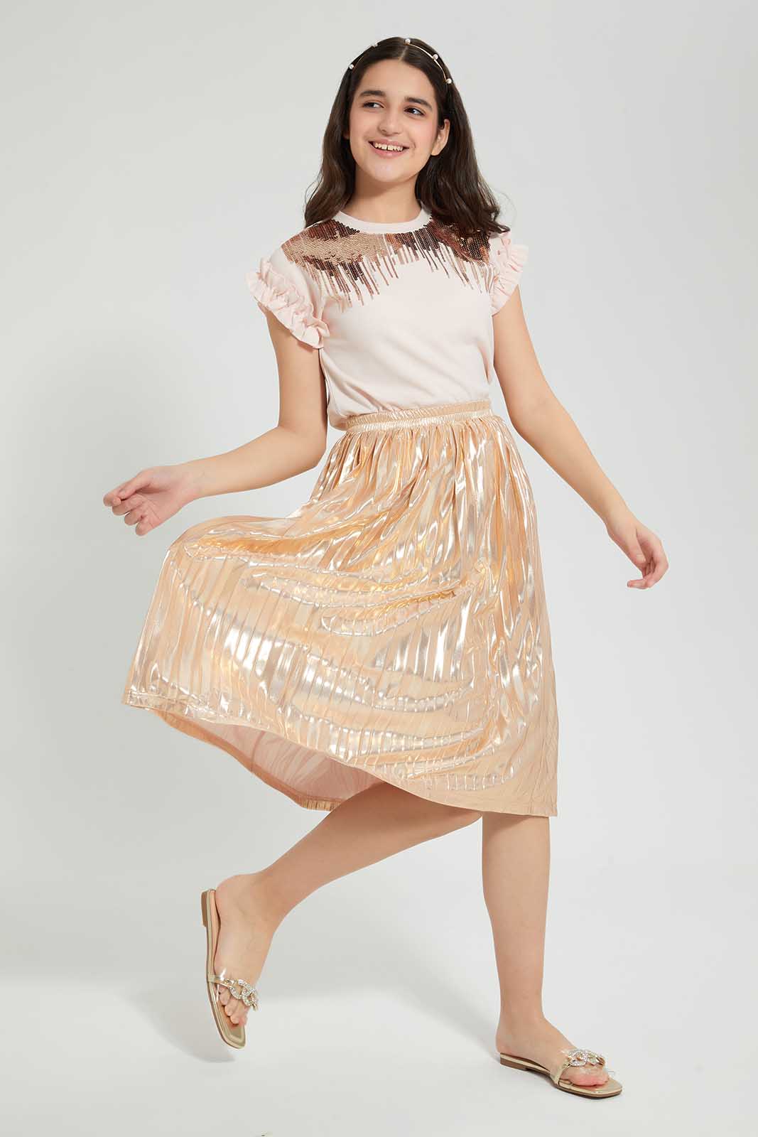 Redtag-Peach-Sequins-Ruffled-Sleeve-Top-Embellished-Senior-Girls-9 to 14 Years