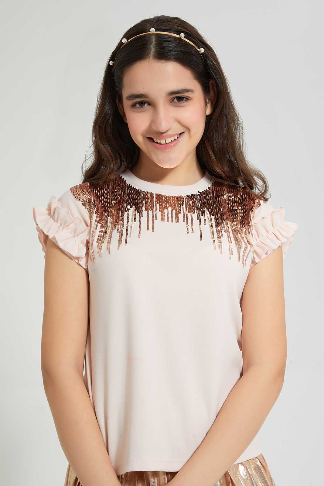 Redtag-Peach-Sequins-Ruffled-Sleeve-Top-Embellished-Senior-Girls-9 to 14 Years