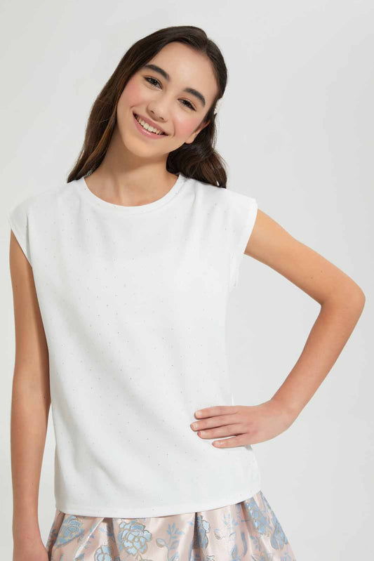 Redtag-White-Gold-Studs-Top-Embellished-T-Shirts-Senior-Girls-9 to 14 Years
