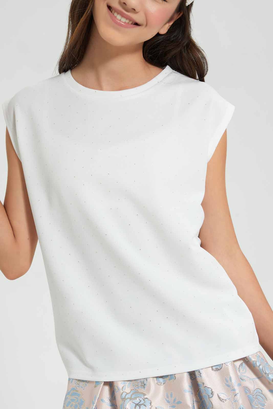 Redtag-White-Gold-Studs-Top-Embellished-T-Shirts-Senior-Girls-9 to 14 Years