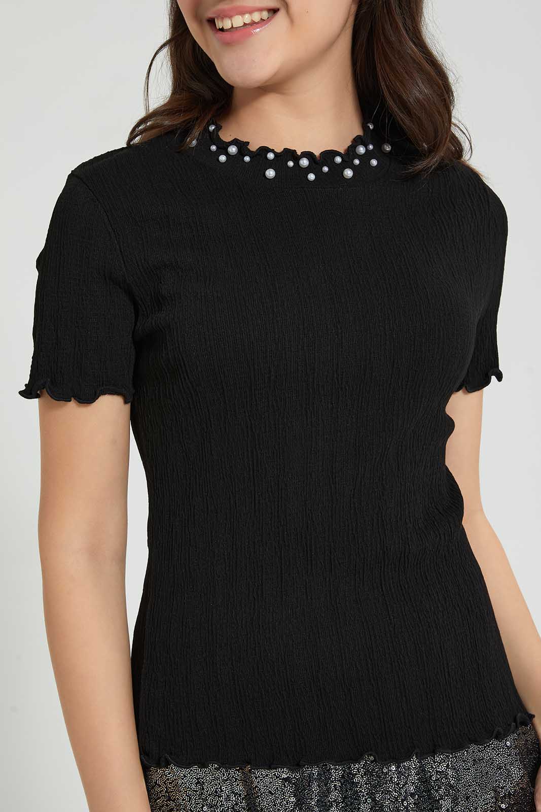 Redtag-Black-Highneck-Jacquard-Top-With-Pearls-Blouses-Senior-Girls-9 to 14 Years