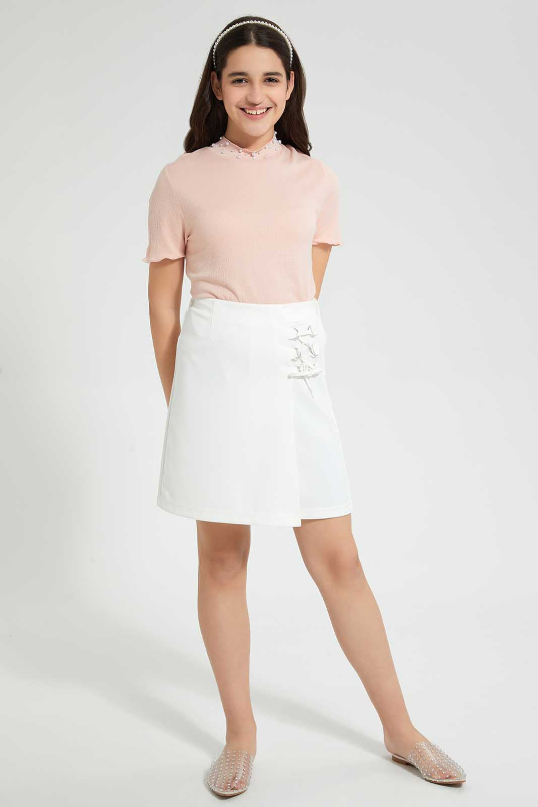 Redtag-Pink-Highneck-Jacquard-Top-With-Pearls-Blouses-Senior-Girls-9 to 14 Years