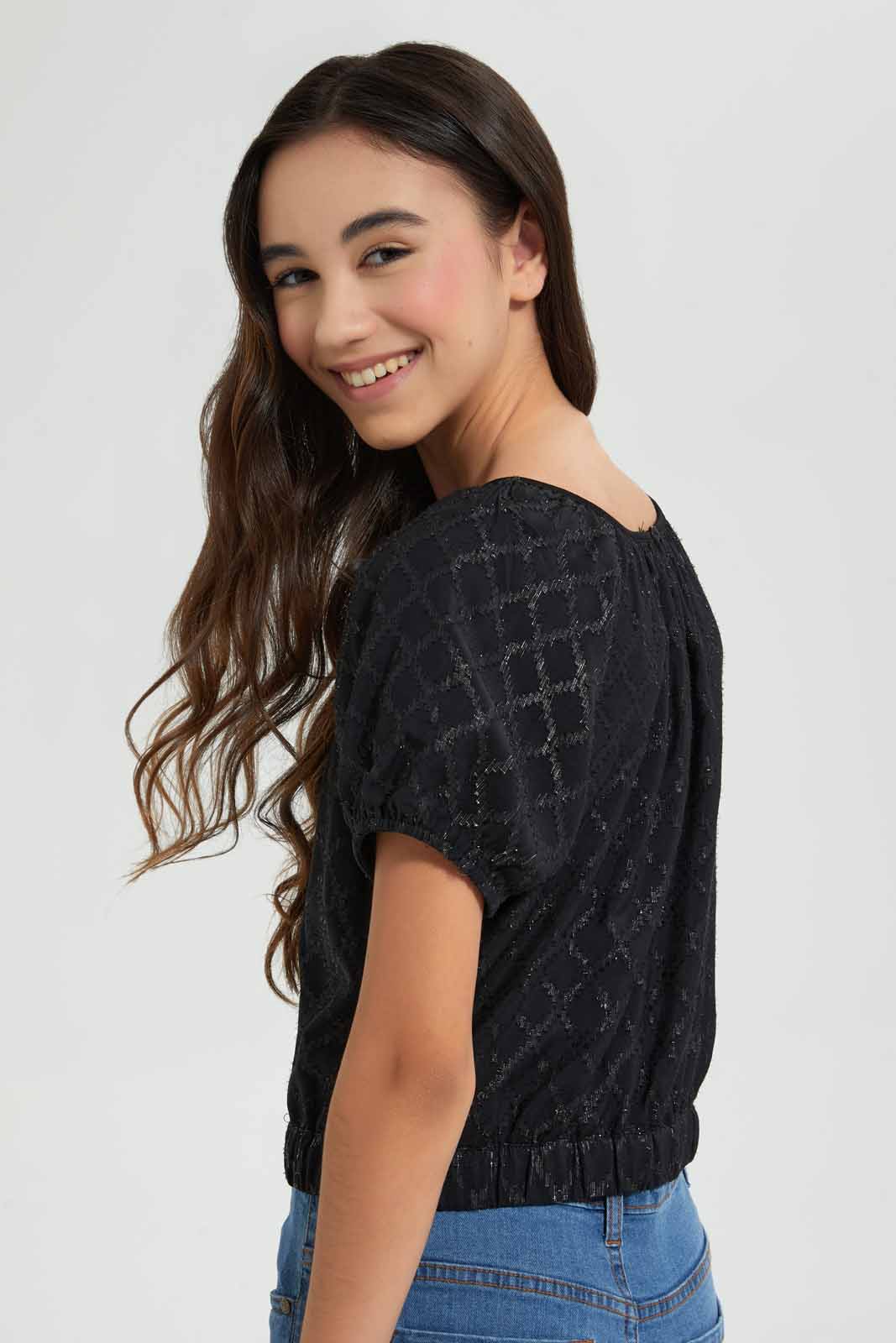 Redtag-Black/Silver-Dobby-Lurex-Top-Blouses-Senior-Girls-9 to 14 Years