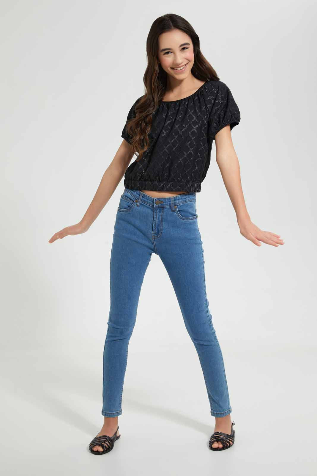Redtag-Black/Silver-Dobby-Lurex-Top-Blouses-Senior-Girls-9 to 14 Years