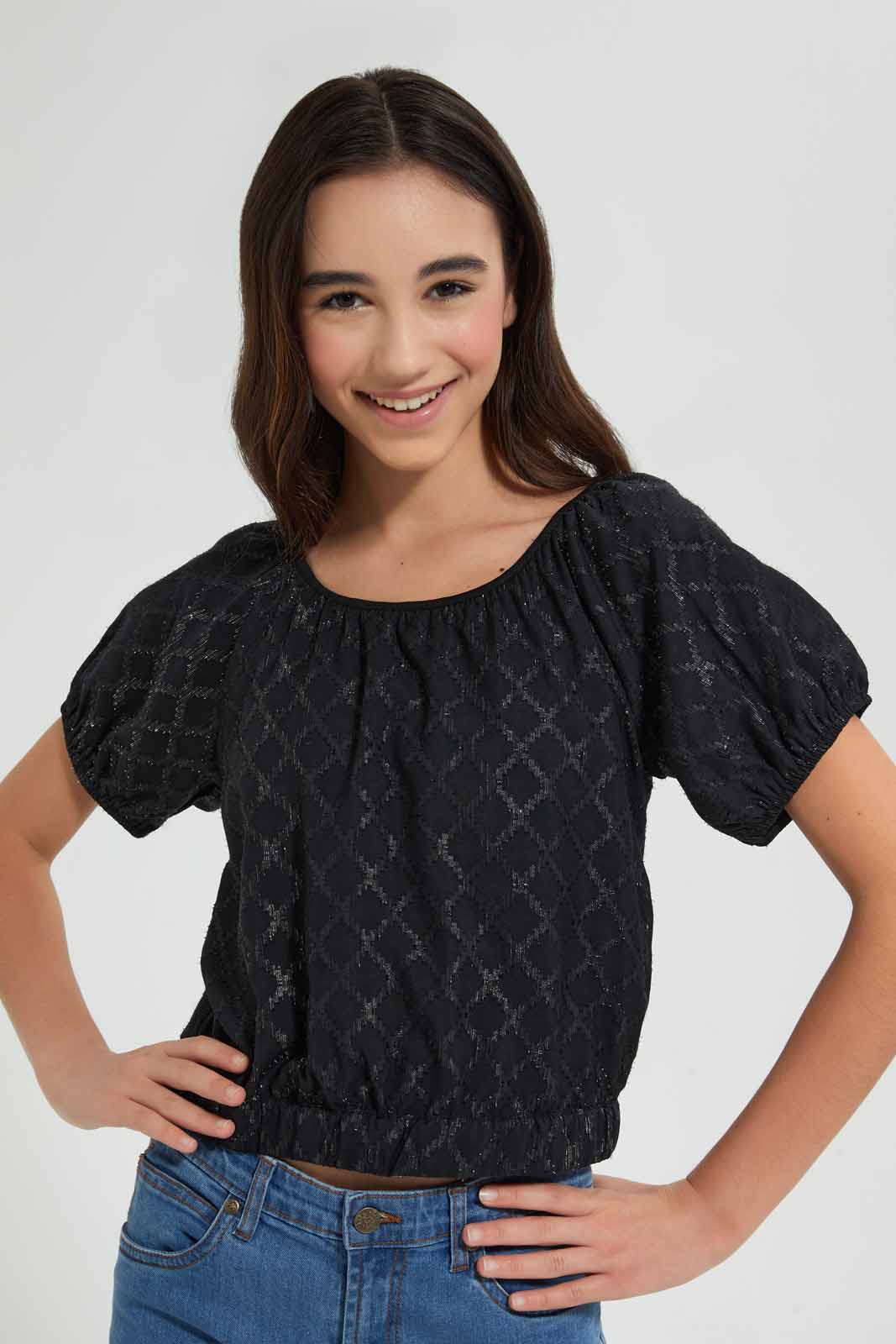 Redtag-Black/Silver-Dobby-Lurex-Top-Blouses-Senior-Girls-9 to 14 Years