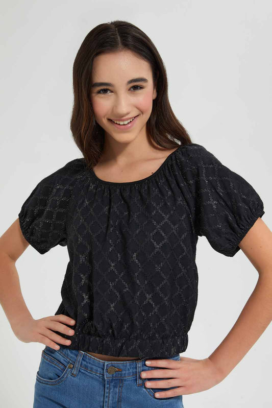 Redtag-Black/Silver-Dobby-Lurex-Top-Blouses-Senior-Girls-9 to 14 Years