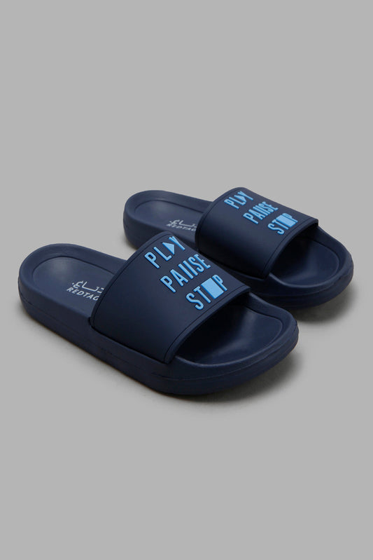 Redtag-Navy-Slogan-Embossed-Slide-BOY-Flip-Flops,-Bundle,-Category:Flip-Flops,-Colour:Navy,-Deals:4-For-90,-Deals:New-In,-Filter:Boys-Footwear-(3-to-5-Yrs),-New-In-BOY-FOO,-S22B,-Section:Boys-(0-to-14Yrs)-Boys-3 to 5 Years