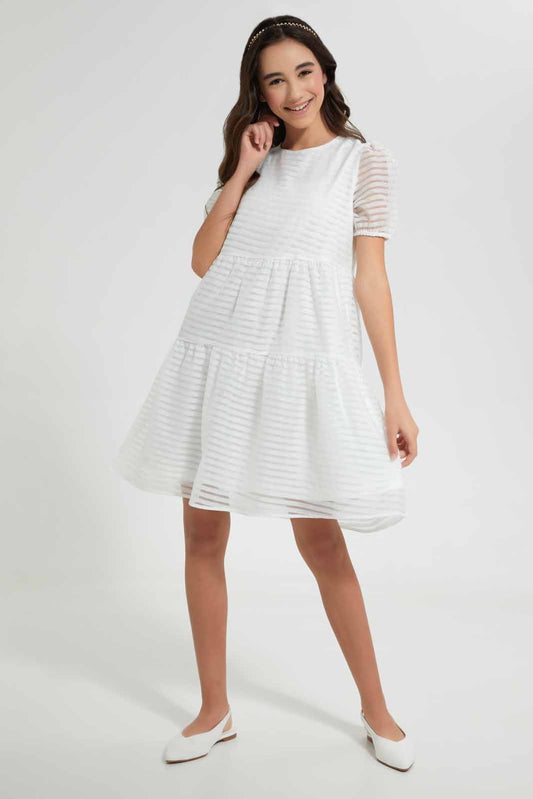 Redtag-White-Dobby-Longer-Length-Dress-Dresses-Senior-Girls-9 to 14 Years