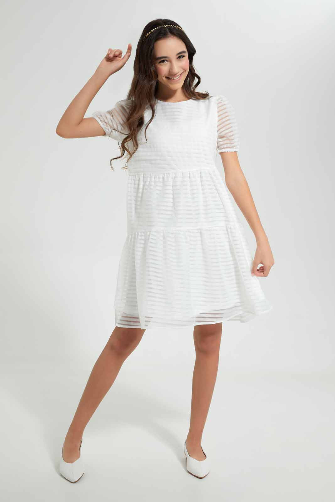 Redtag-White-Dobby-Longer-Length-Dress-Dresses-Senior-Girls-9 to 14 Years