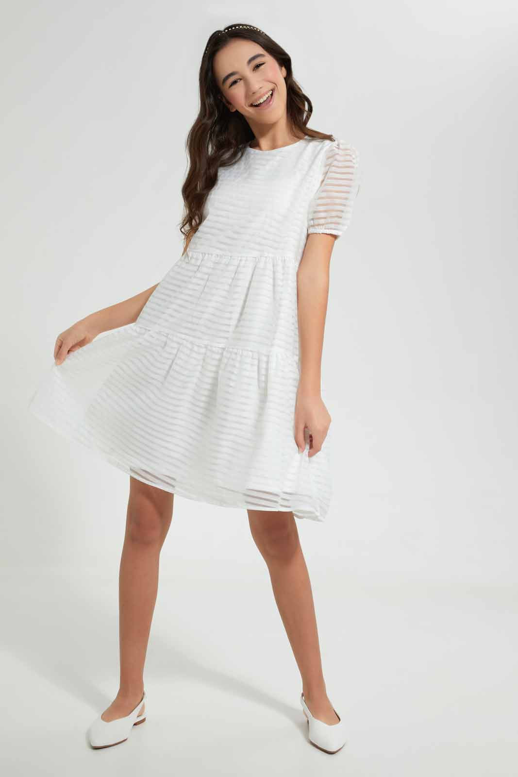 Redtag-White-Dobby-Longer-Length-Dress-Dresses-Senior-Girls-9 to 14 Years