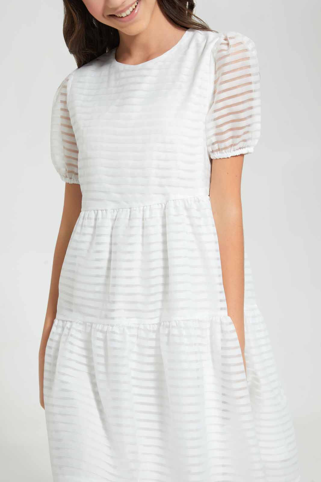 Redtag-White-Dobby-Longer-Length-Dress-Dresses-Senior-Girls-9 to 14 Years